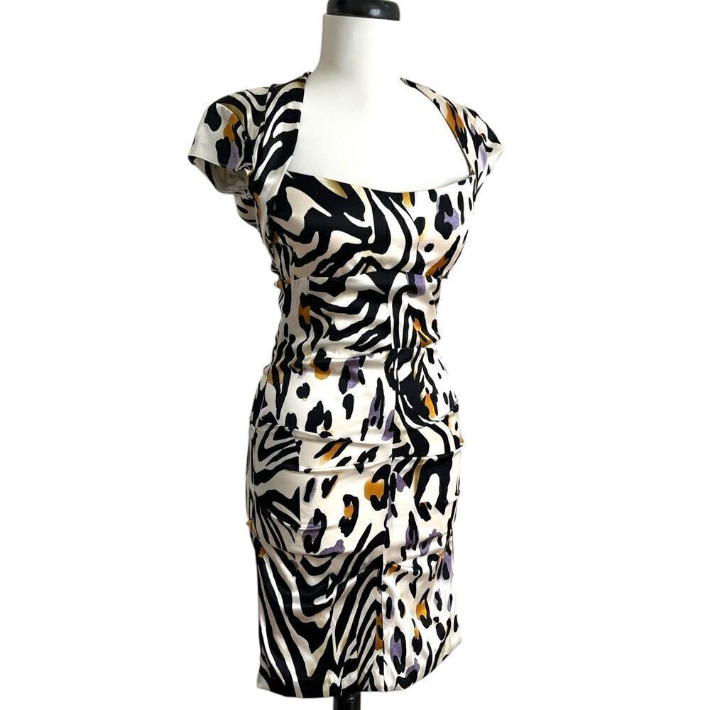 90s Cache Silk Cheetah Leopard Dress 4 Bodycon Animal Cocktail Party - Picture 2 of 14